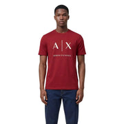 Red Armani Exchange men t-shirt featuring a white A X logo and brand name printed across the chest