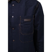 Armani Exchange Herren-Baumwollhemd, blau, klassisch, langärmlig, mit dunkelblauem Stoff, hellbraunen Nähten und braunem Lederaufnäher