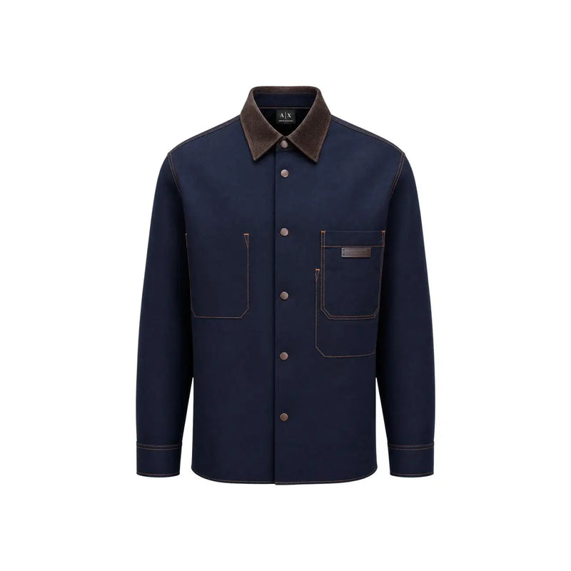 Armani Exchange Herren-Baumwollhemd, klassisch, langärmlig, marineblauer Korpus, brauner Cordkragen und Knöpfe