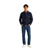 Armani Exchange Herren-Baumwollhemd, blau, klassisch, langärmelig, mit marineblauer Jeansjacke, dunkelbraunem Kragen und Taschenbesatz