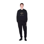 Schwarz armani exchange Herren-Baumwoll-Sweatshirt mit goldenem Logo und passender Jogginghose mit Rundhalsausschnitt