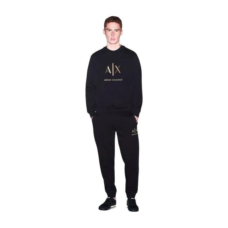 Schwarz armani exchange Herren-Baumwoll-Sweatshirt mit goldenem Logo und passender Jogginghose mit Rundhalsausschnitt