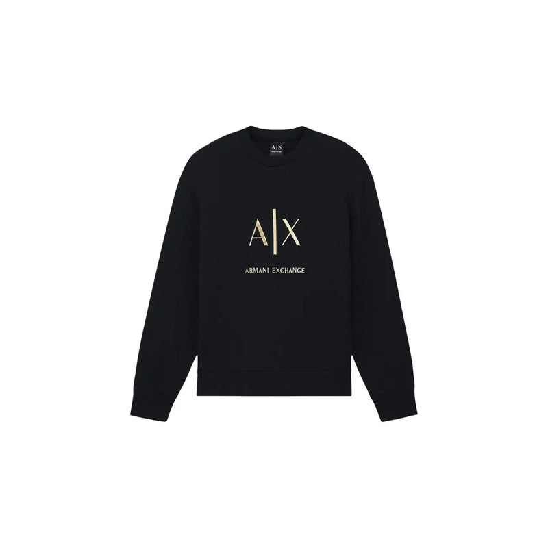 Armani Exchange Herren-Baumwoll-Sweatshirt, schwarz, Rundhalsausschnitt, mit goldenem Logo und Schriftzug auf der Vorderseite