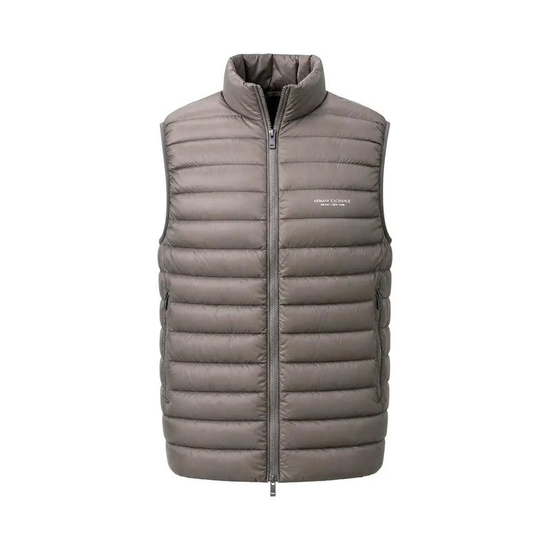 Armani Exchange men gray quilted down puffer vest with high collar and front zipper, sleeveless gilet design