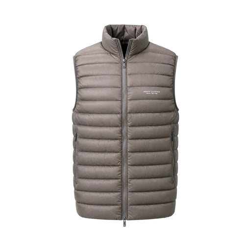 Armani Exchange men gray quilted down puffer vest with high collar and front zipper, sleeveless gilet design