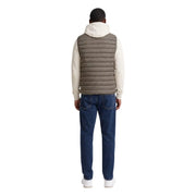 Armani Exchange men down waistcoat brown taupe quilted puffer vest with white hood worn over cream shirt