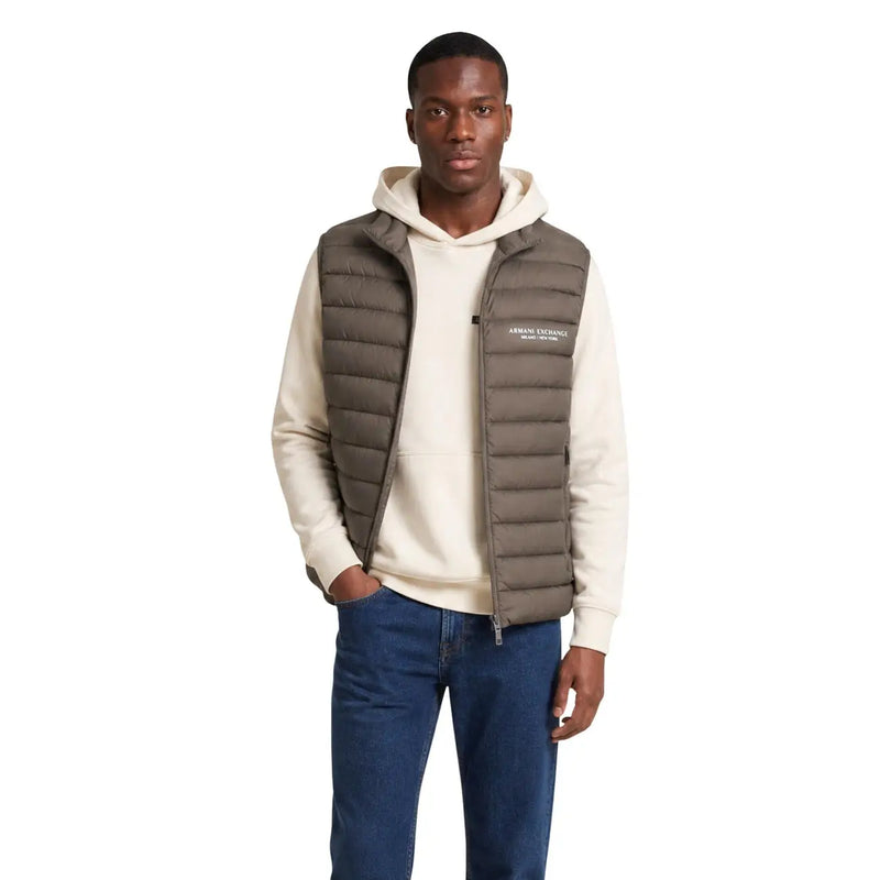 Armani Exchange men olive-green quilted down sleeveless waistcoat with front zipper and subtle chest branding