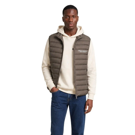 Armani Exchange men olive-green quilted down sleeveless waistcoat with front zipper and subtle chest branding
