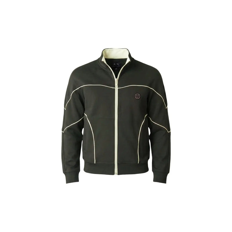 Armani Exchange Veste de survêtement zippée en coton vert pour homme, avec surpiqûres contrastantes crème et logo brodé sur la poitrine.