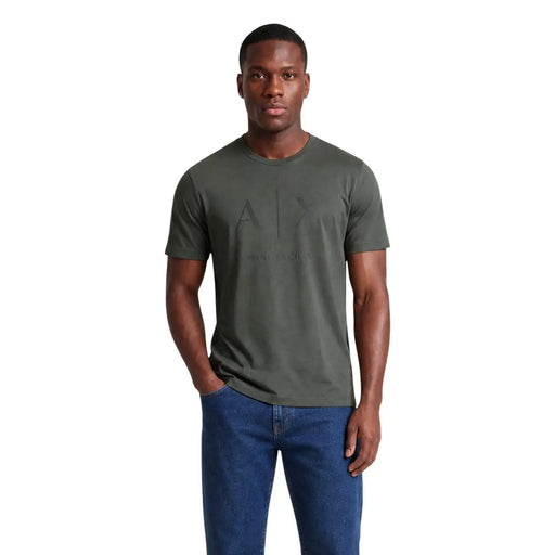 Armani Exchange men green cotton t shirt with olive green short sleeves and subtle faded a|p logo on chest