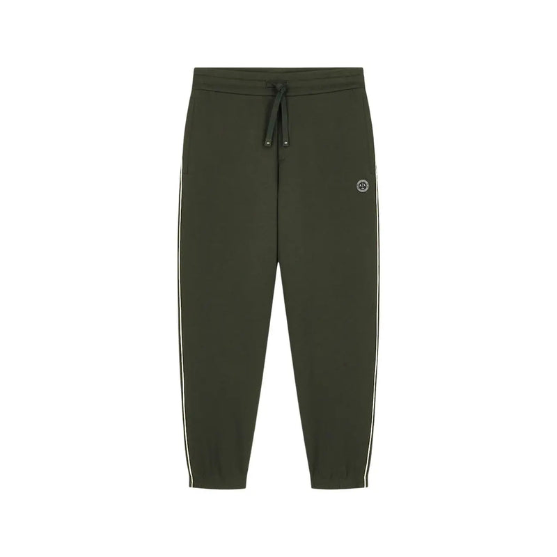 Armani Exchange Grüne Herren-Jogginghose aus Baumwolle mit weißen Seitenstreifen und kleinem runden Logo am linken Oberschenkel