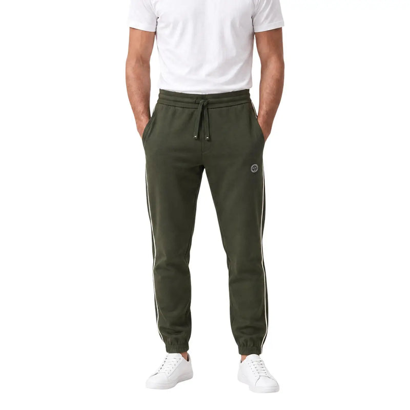 Armani Exchange Grüne Herren-Jogginghose aus Baumwolle mit weißen Seitenstreifen und rundem Logo am linken Oberschenkel