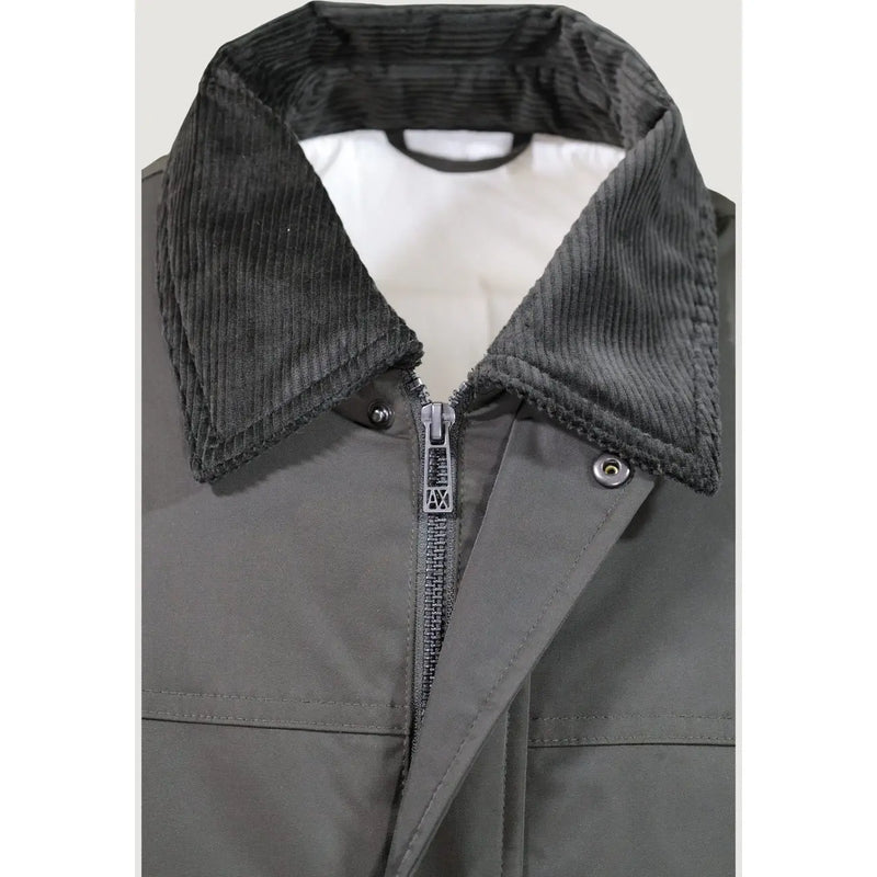 Armani Exchange Grüner Herrenblazer aus Polyester mit dunkelgrauem Cordkragen, silbernem Reißverschluss und Druckknöpfen