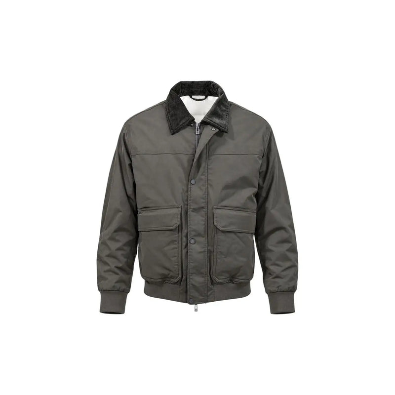 Armani Exchange Herrenblazer aus grünem Polyester in Dunkelolivgrün mit Steppung, schwarzem Cordkragen und aufgesetzten Vordertaschen.