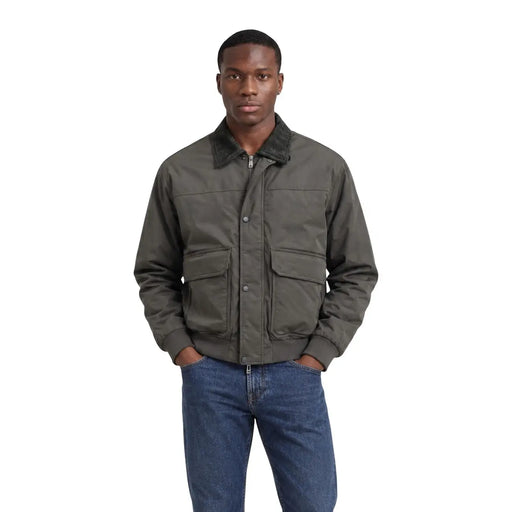 Armani Exchange men green polyester blazer featuring an olive green quilted jacket style with dark collar and front flap pockets