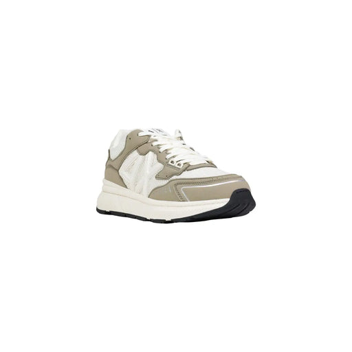 Armani Exchange men green sneakers with sleek polyester design in beige and white with glossy patent leather accents