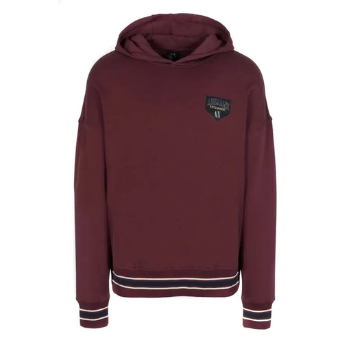 Maroon Armani Exchange men’s hooded sweatshirt with black and white striped hem and cuffs