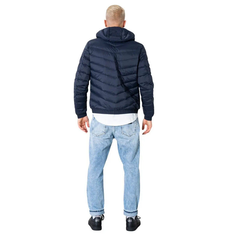 Navy blue Armani Exchange men hooded jacket in quilted polyester with puffer design and hood