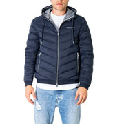 Armani Exchange men hooded jacket navy blue polyester puffer with gray-lined hood and silver zippers
