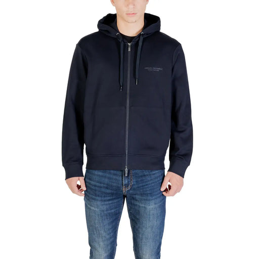 Armani Exchange men hooded sweatshirt blue cotton zip up with subtle embroidered logo on chest