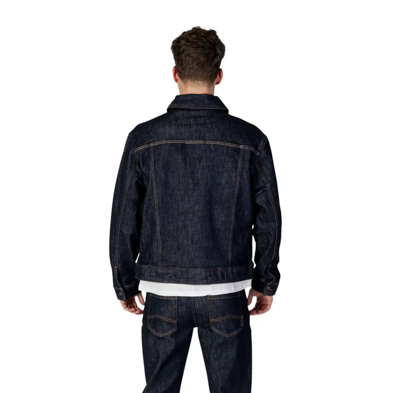 Dark indigo denim jacket with classic stitching and collar by Armani Exchange in blue cotton blend size L