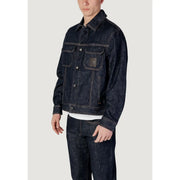 Armani Exchange men jacket blue classic cotton blend dark indigo denim jacket with button front and stitched chest pockets
