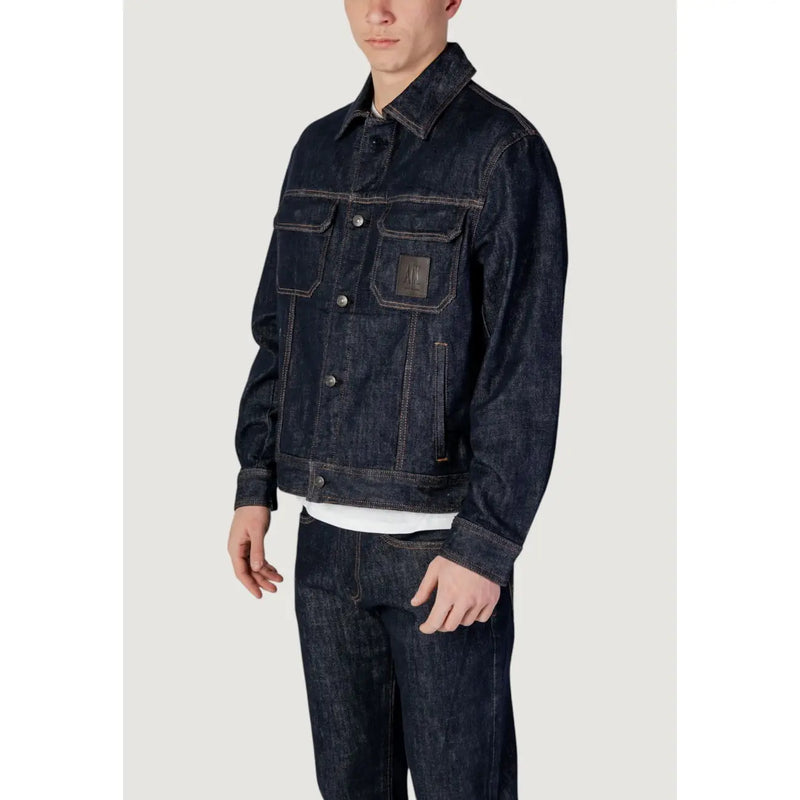 Armani Exchange men jacket blue classic cotton blend dark indigo denim jacket with button front and stitched chest pockets