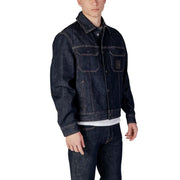 Armani Exchange men jacket blue classic cotton blend dark indigo denim with double chest pockets and black patch