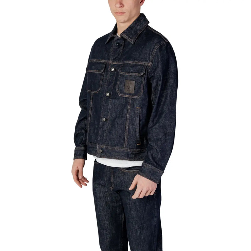 Armani Exchange men jacket in dark indigo denim with classic collar button closure and stitched chest pockets size L