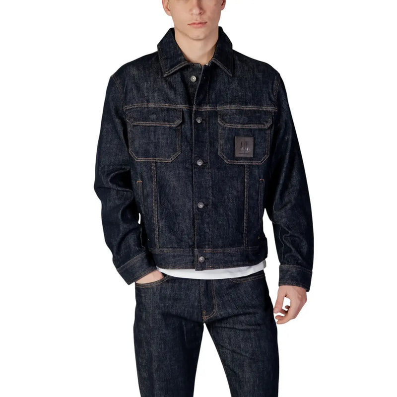 Armani Exchange men jacket in dark indigo cotton blend denim with structured collar and front pockets size L