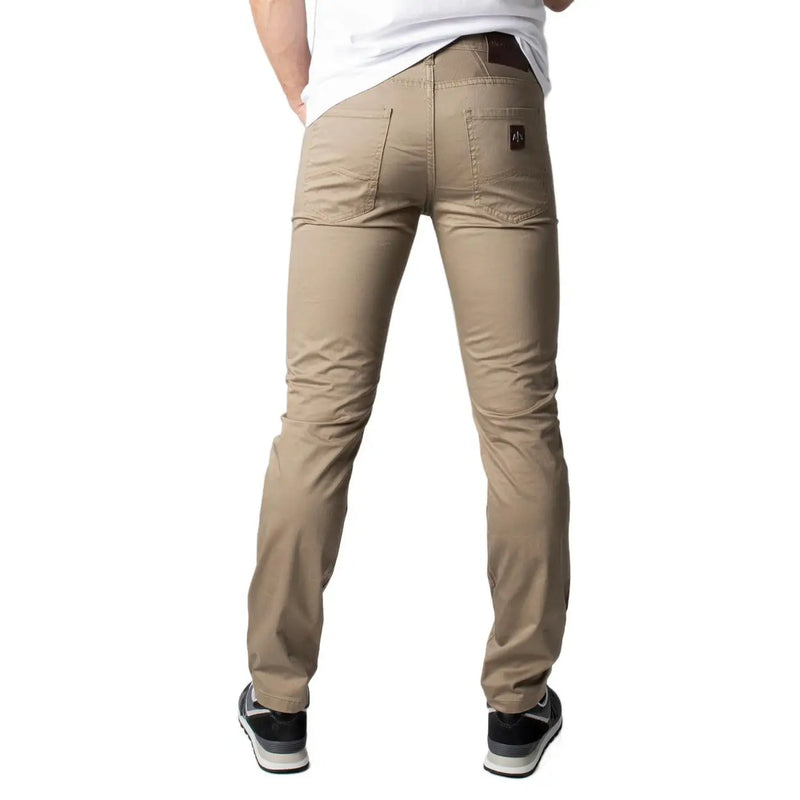 Back side of khaki slim-fit Armani Exchange men jeans in beige cotton stretch with subtle brand patch on pocket