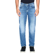 Armani Exchange Jean homme bleu en coton stretch, coupe slim, délavage moyen, coupe classique cinq poches et effet délavé subtil.