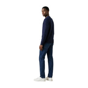 Armani Exchange men knitwear navy blue long sleeve round neck sweater made of knit fabric worn by a man