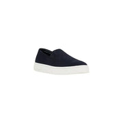 Navy blue suede Armani Exchange men leather slip-on moccasin shoe with white platform sole size 11 front view