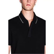 Armani Exchange Polo homme noir à manches courtes en coton avec bordures blanches contrastantes au col et aux poignets