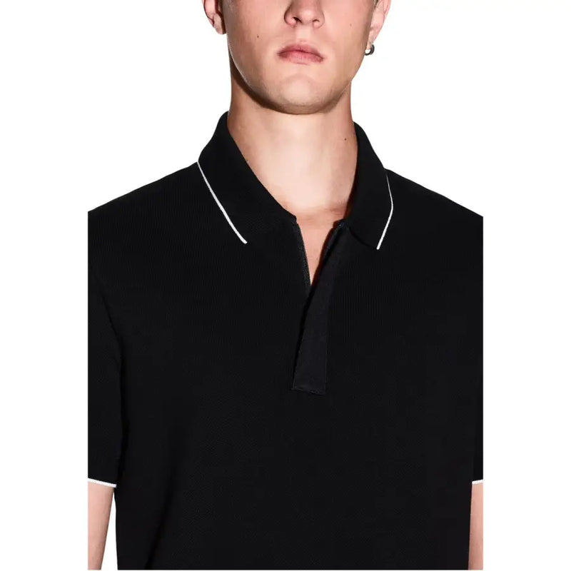 Armani Exchange Polo homme noir à manches courtes en coton avec bordures blanches contrastantes au col et aux poignets
