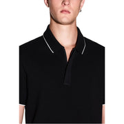 Armani Exchange men polo black short sleeve cotton shirt with white contrast trim on collar and sleeve cuffs