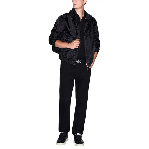 Black textured bomber jacket with subtle sheen and ribbed cuffs suitable for mens polo short sleeve cotton wear