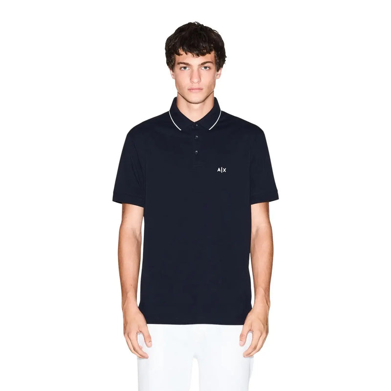 Navy blue Armani Exchange men polo short sleeve with white trim cotton fabric and small chest embroidered logo