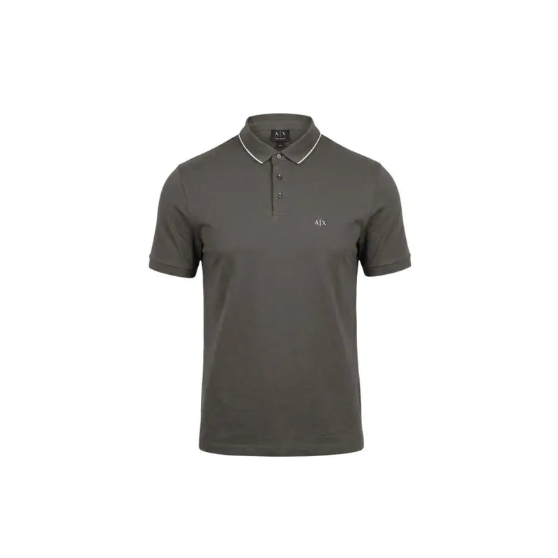 Armani Exchange Polo homme marron en coton à manches courtes, col en tissu vert olive foncé avec bordure blanche et logo brodé discret