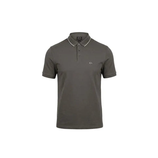 Armani Exchange Polo homme marron en coton à manches courtes, col en tissu vert olive foncé avec bordure blanche et logo brodé discret