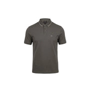 Armani Exchange men polo brown cotton short sleeve with dark olive green fabric white collar trim and subtle embroidered logo