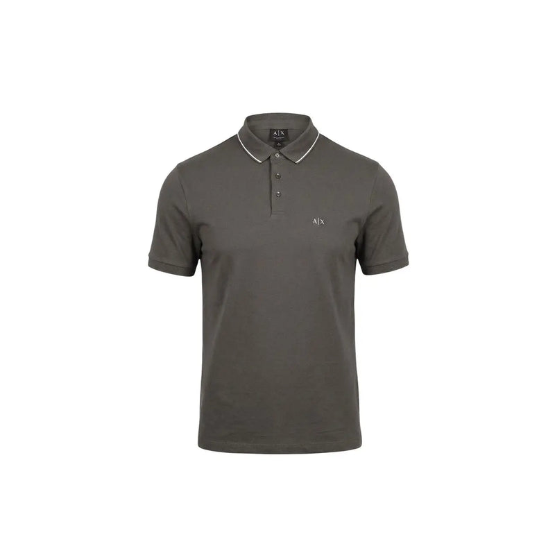 Armani Exchange men polo brown cotton short sleeve with dark olive green fabric white collar trim and subtle embroidered logo