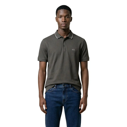 Armani Exchange men polo brown cotton short sleeve with dark olive green and white trim featuring a small a x logo