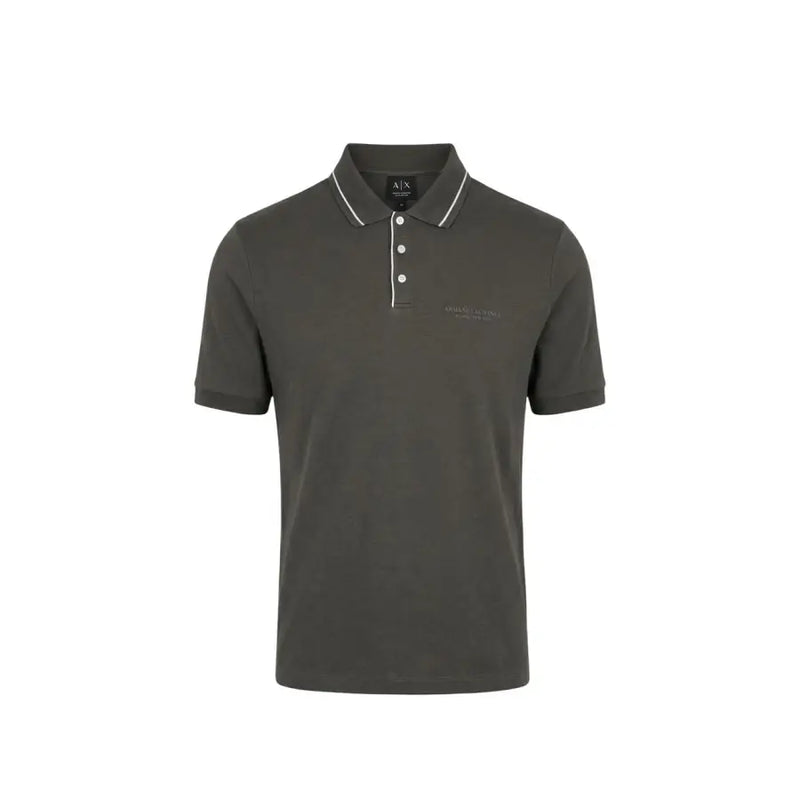 Armani Exchange men polo brown short sleeve cotton elastane with dark olive green fabric and white trim collar and placket