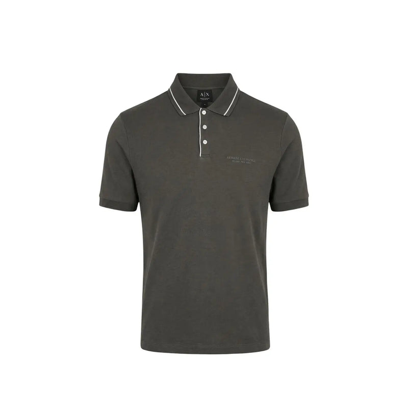 Armani Exchange men polo brown short sleeve cotton elastane with dark olive green fabric and white trim collar and placket