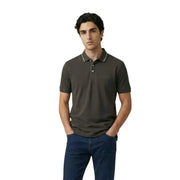 Armani Exchange men polo brown short sleeve cotton elastane dark olive green shirt with white trim on collar and placket