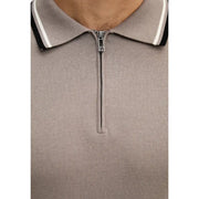 Armani Exchange Polo homme marron à col rond zippé en coton, maille taupe, col rayé noir et blanc et fermeture éclair argentée
