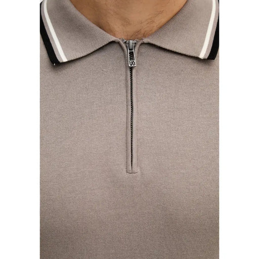 Armani Exchange Polo homme marron à col rond zippé en coton, maille taupe, col rayé noir et blanc et fermeture éclair argentée