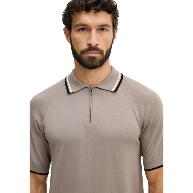 Armani Exchange Polo homme marron à fermeture éclair, col rond, en coton avec empiècements gris, col rayé noir et blanc et demi-zip sur le devant